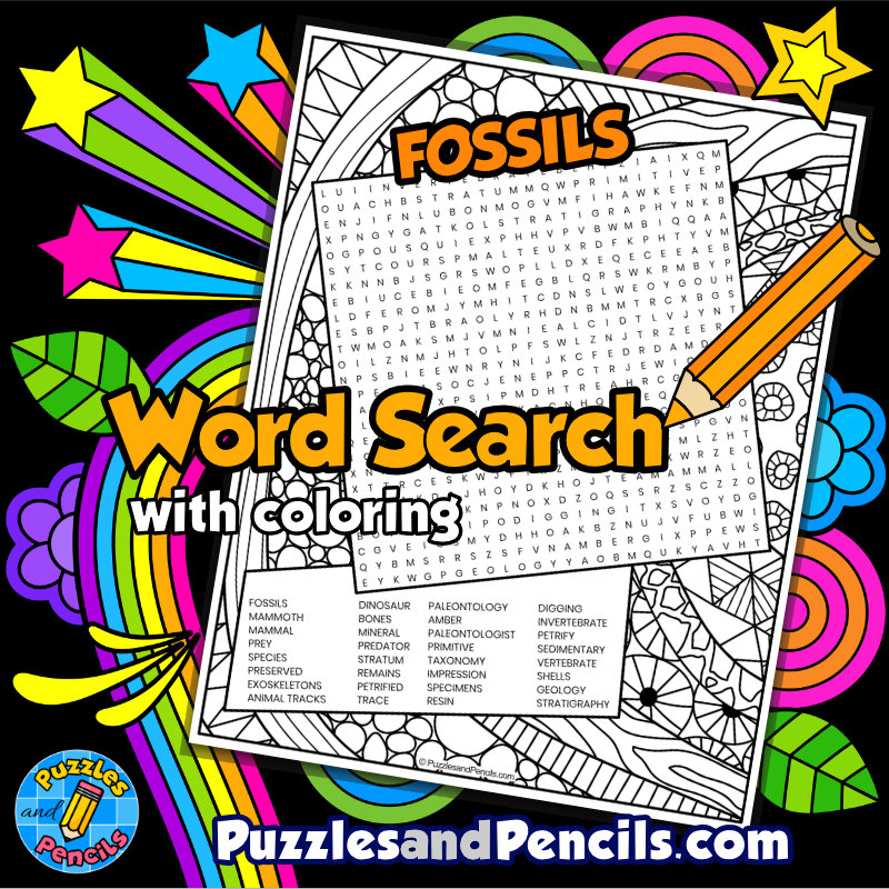 Fossils word search puzzle with coloring wordsearch made by teachers