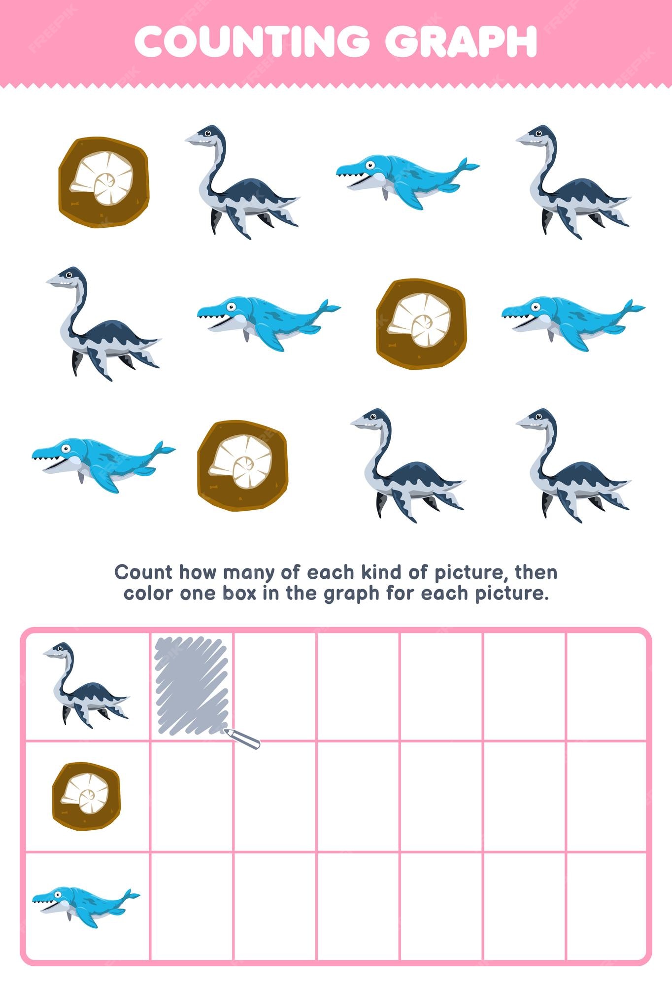 Premium vector education game for children count how many cute cartoon plesiosaurus mosasaurus fossil then color the box in the graph printable prehistoric dinosaur worksheet