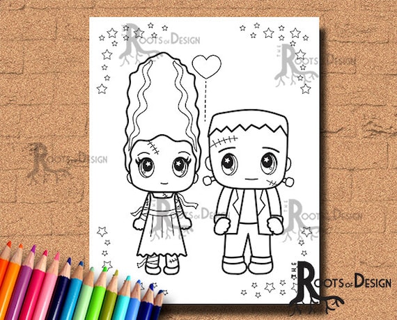 Instant download halloween frankenstein and bride coloring coloring page print doodle art printable