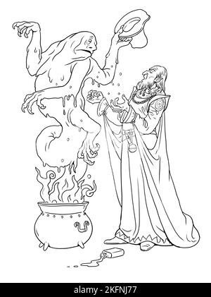 Evil wizard with his creature coloring page with the magician coloring template with frankenstein stock photo