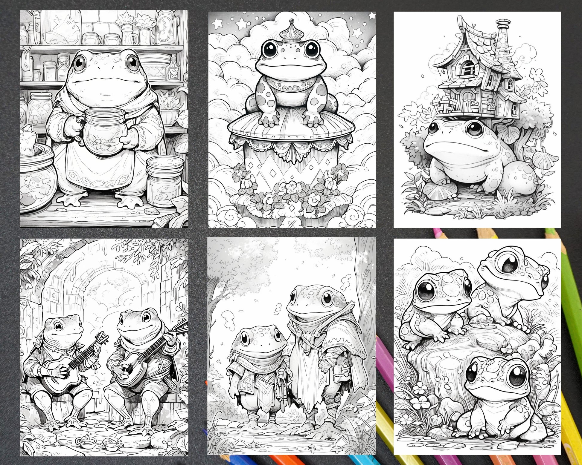 The frog kingdom grayscale coloring pages for adults printable pdf â coloring
