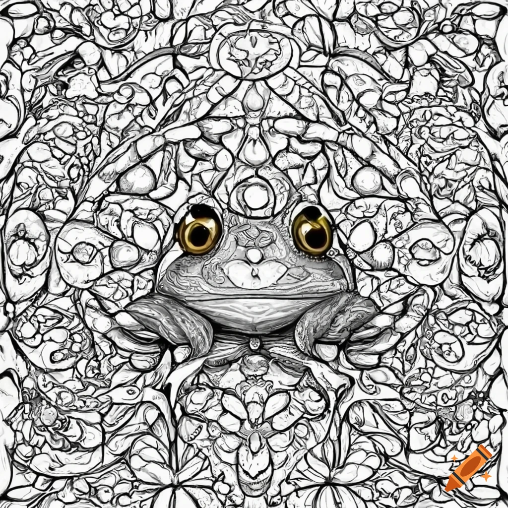 Printable coloring page of a tiny frog with intricate details on