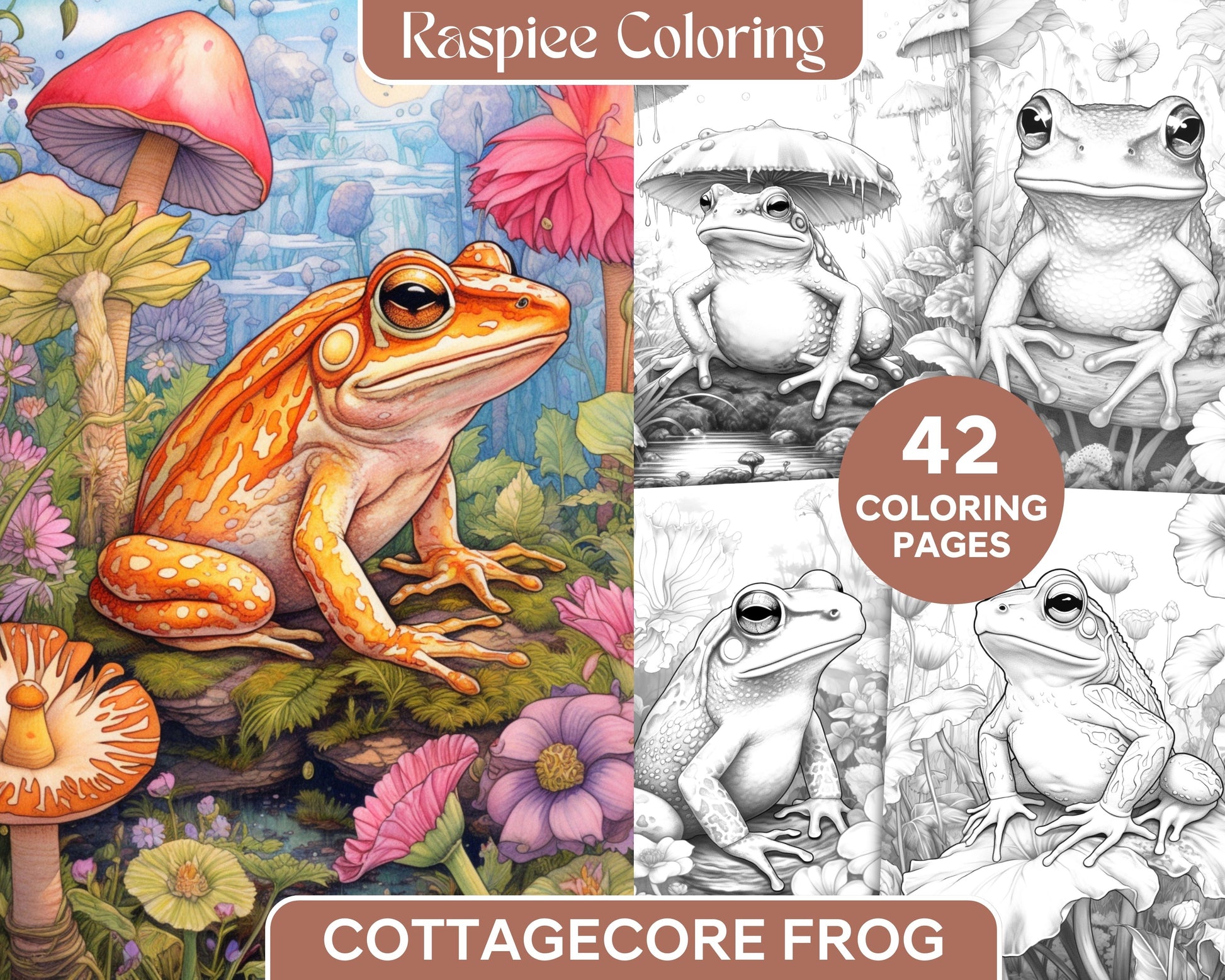 Cottagecore frog grayscale coloring pages printable for adults pdf â coloring