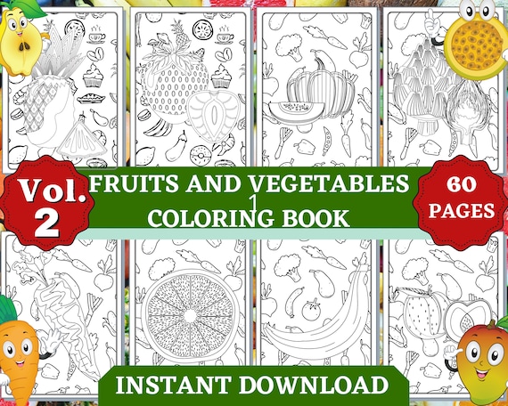 Fruits and vegetables coloring pages instant download color fruit and vegetables kids activity printable coloring pages for kids