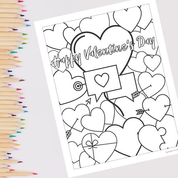 Valentines day coloring page for kids or adults instant download and printable coloring sheet holiday coloring valentine