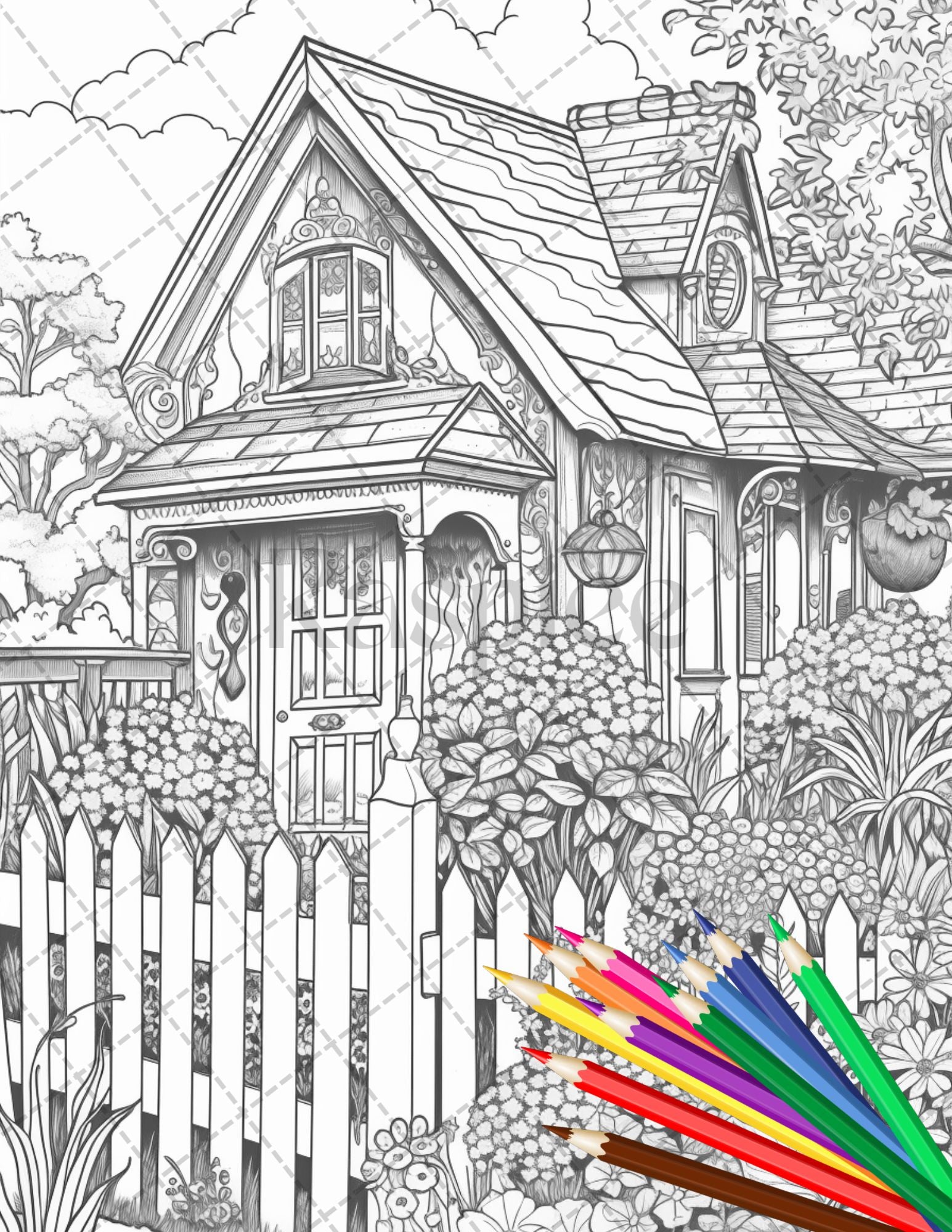 Printable cottage house garden coloring pages for adults grayscale â coloring