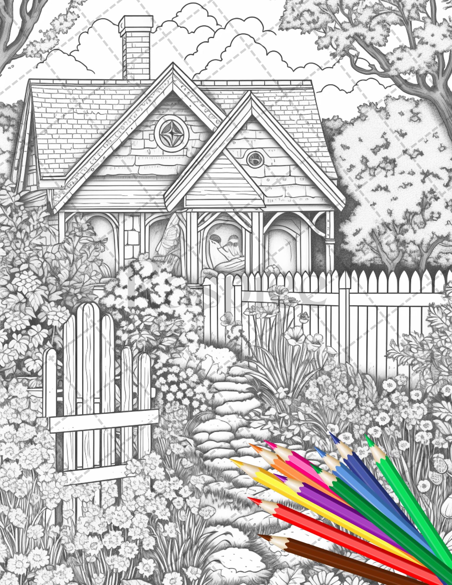 Printable cottage house garden coloring pages for adults grayscale â coloring