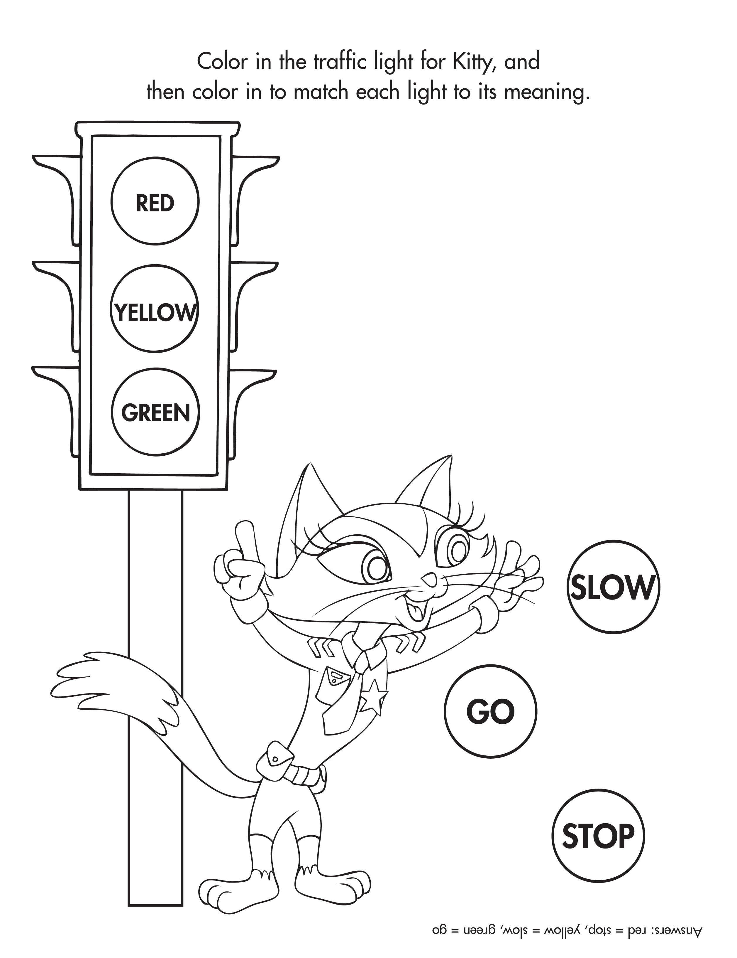 Help ranger kitty determine the correct traffic lights coloring freeprâ kindergarten worksheets kindergarten worksheets printable kids worksheets printables