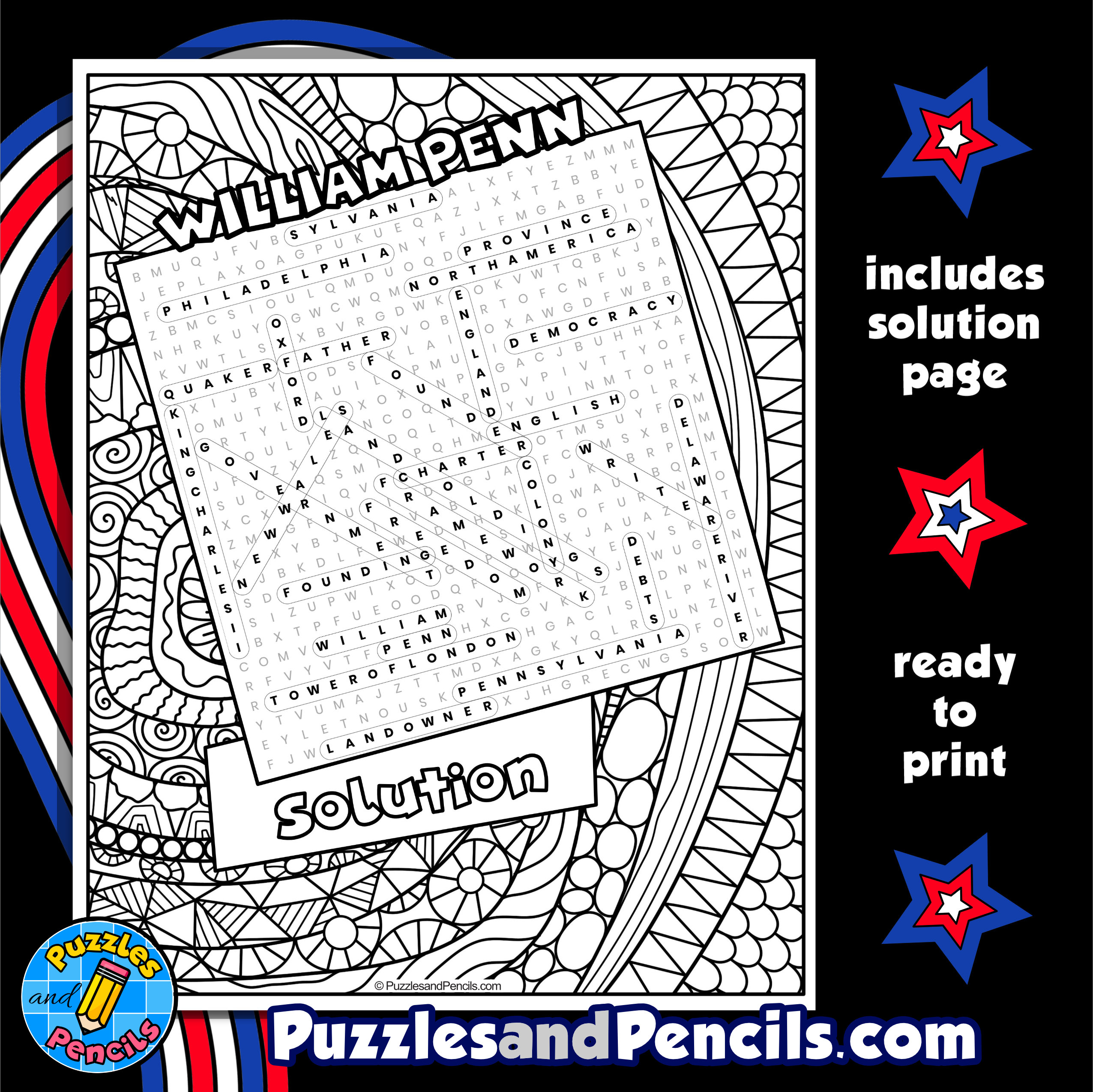 William penn word search puzzle with coloring us history wordsearch made by teachers