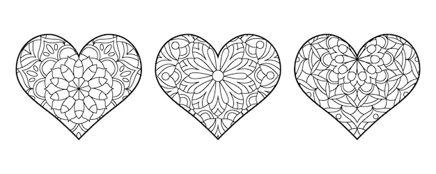 Premium vector vector heart shape coloring line art geometric and floral ornaments valentines coloring page