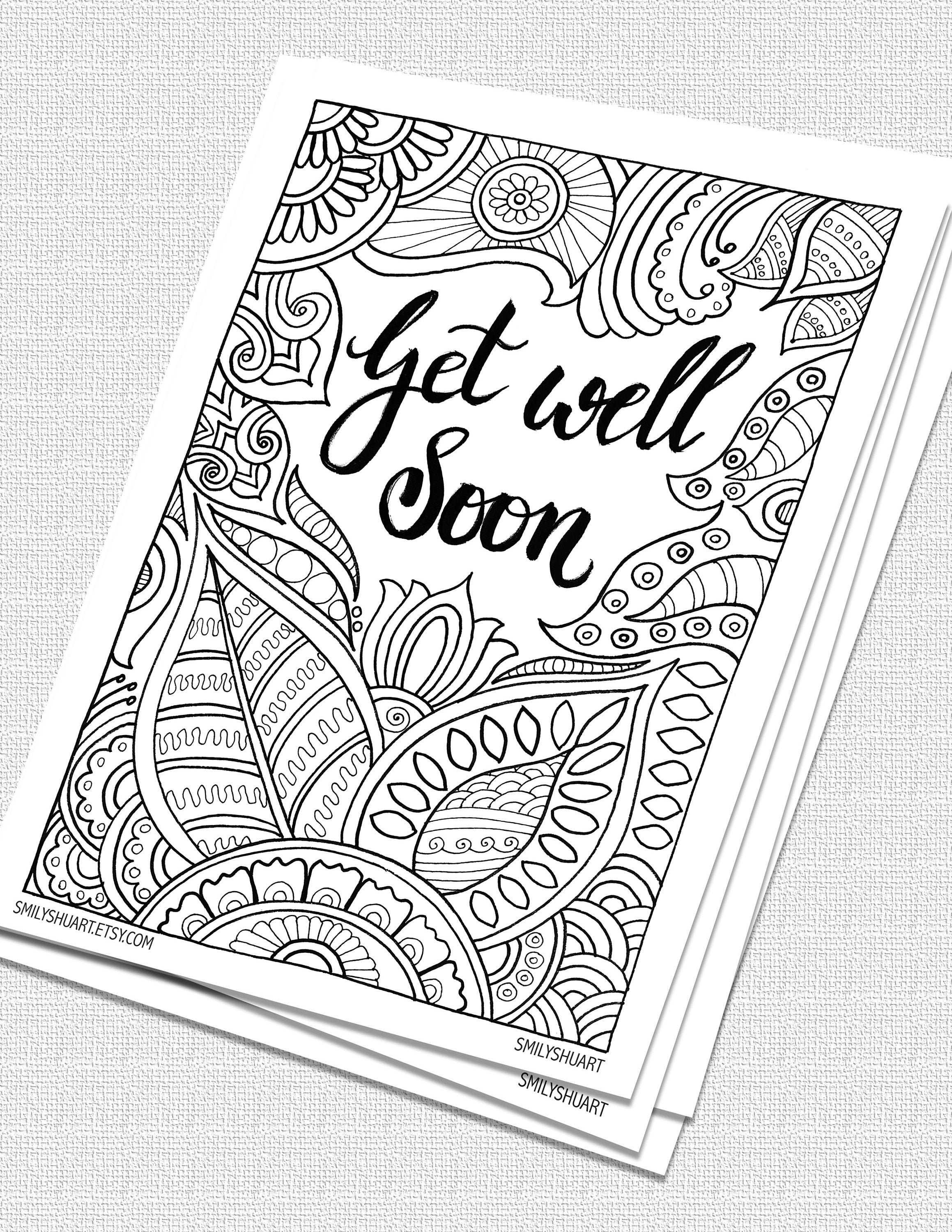 Get well soon instant download printable motivational quotes zentangle adult colouring page card mindfulness coloring quarantine art