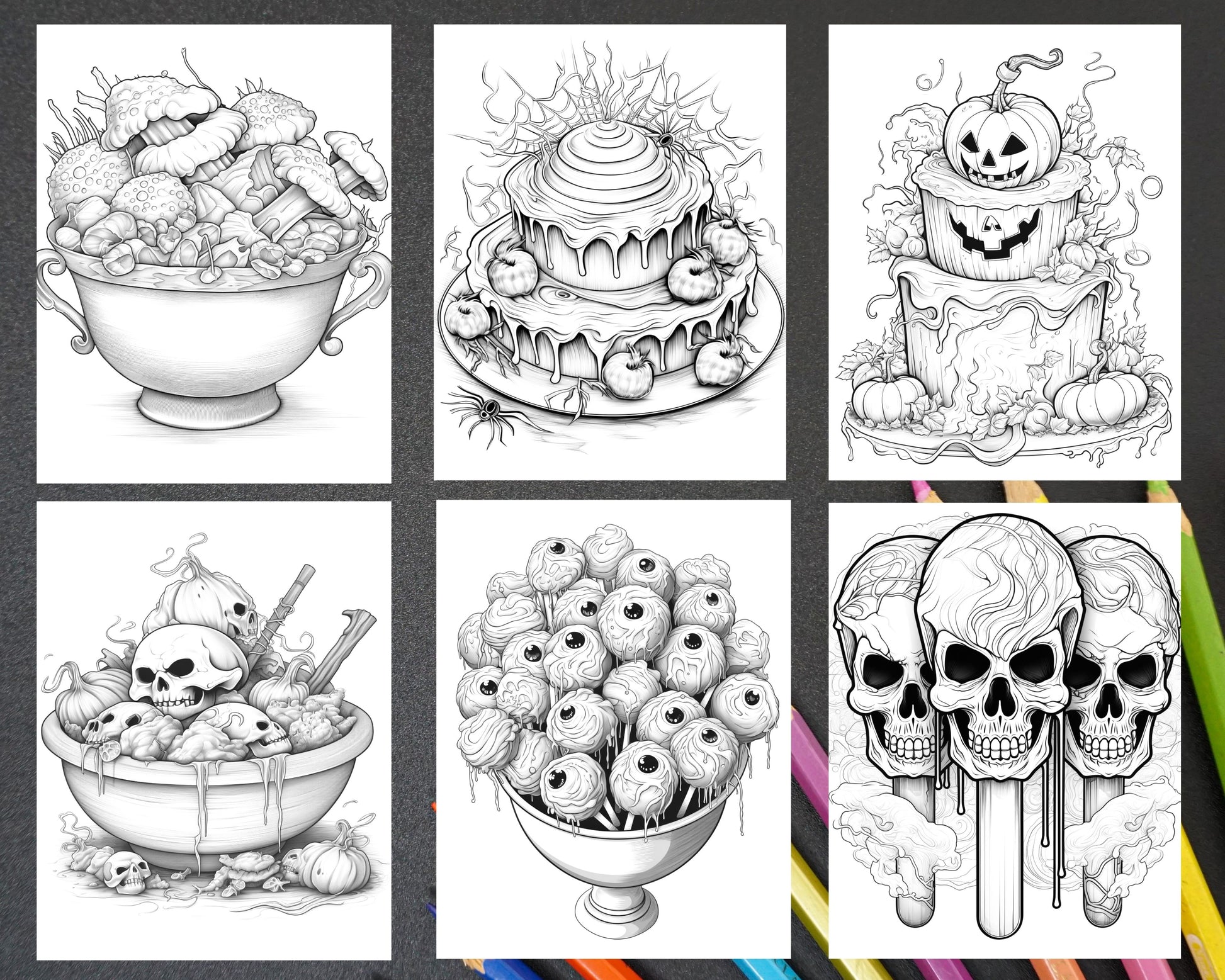 Halloween spooky desserts grayscale coloring pages printable for ad â coloring