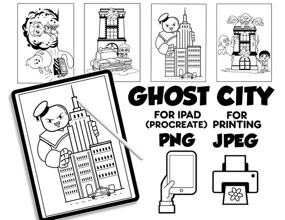 Ghostbusters city coloring pages digital download coloring pages for procreate coloring book for kids for ipad ghostbusters printable