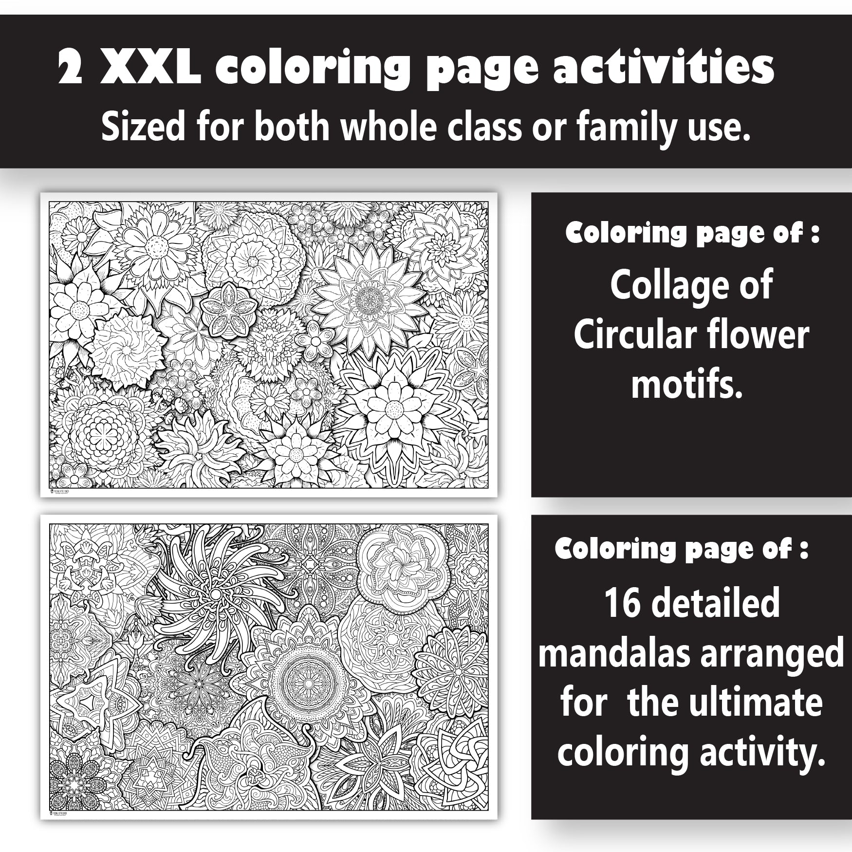 Pack of giant coloring posters of flowers and mandala collages young â young n refined