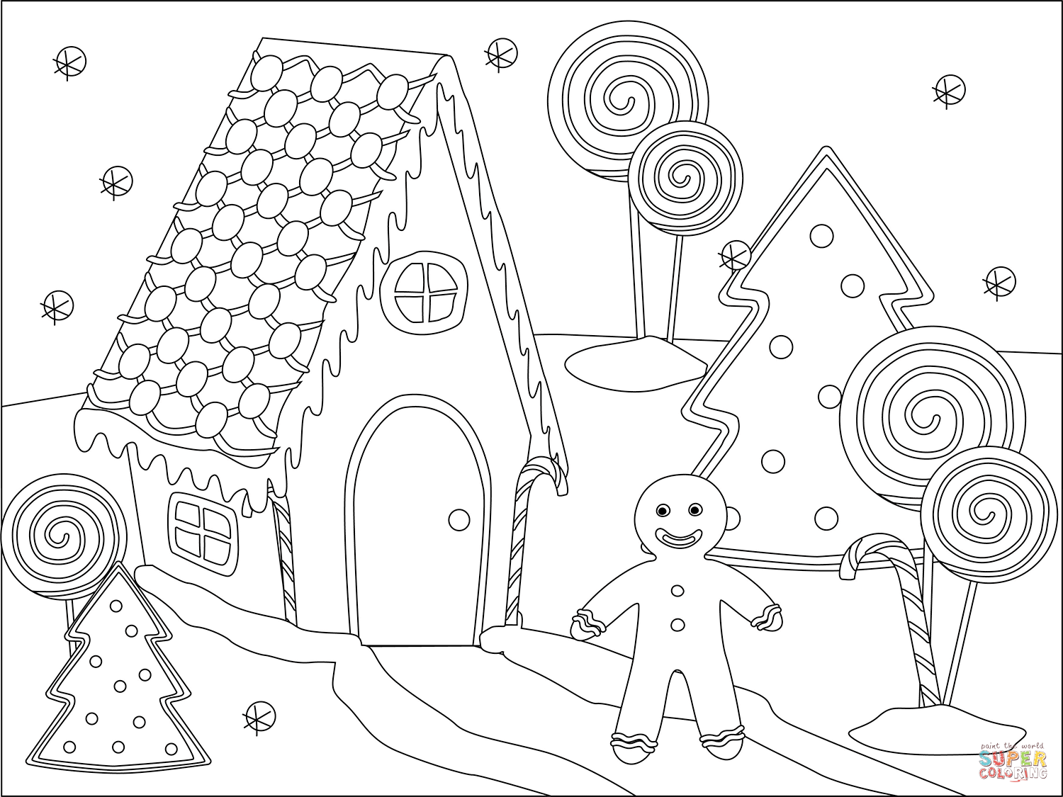 Gingerbread and gingerbread house coloring page free printable coloring pages