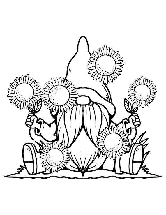 Sunflower gnome coloring page garden gnome digital download cute summer printable pdf