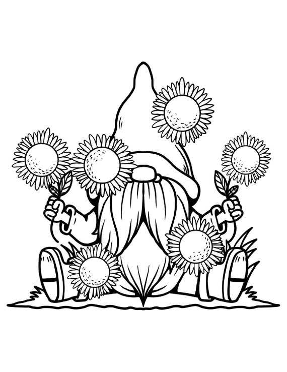 Sunflower gnome coloring page garden gnome digital download cute summer printable pdf