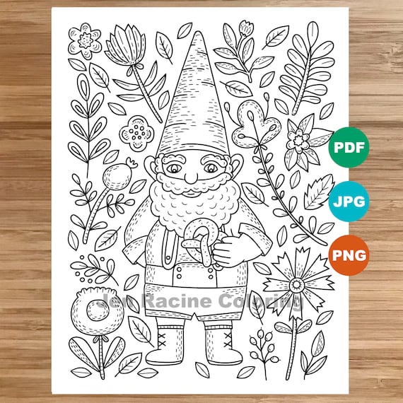 Bavarian gnome coloring page garden gnomes gardening coloring page printable coloring page for kids coloring page for adults