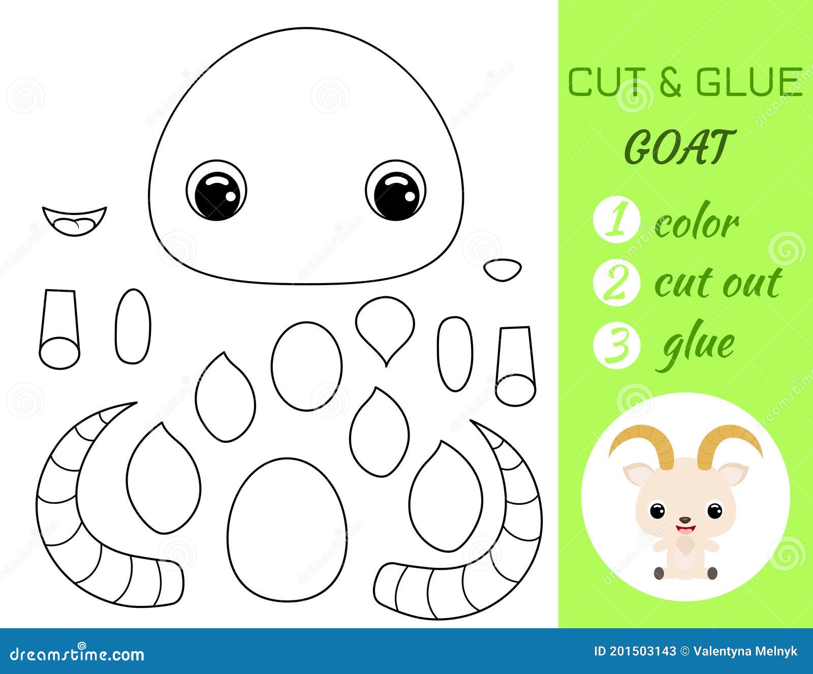 Simple educational game coloring page cut and glue sitting baby goat for kids educational paper game for preschool children stock vector