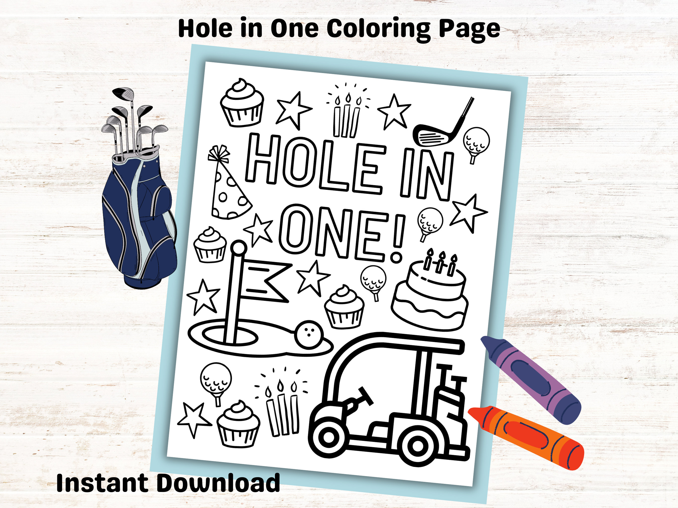 Hole in one coloring pages for kids birthday party golf birthday party favor kids party printable coloring page year old