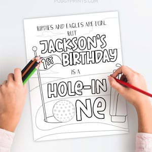 Golf hole in one birthday coloring page editable golf coloring page template printable golf birthday coloring sheet golf party favor game