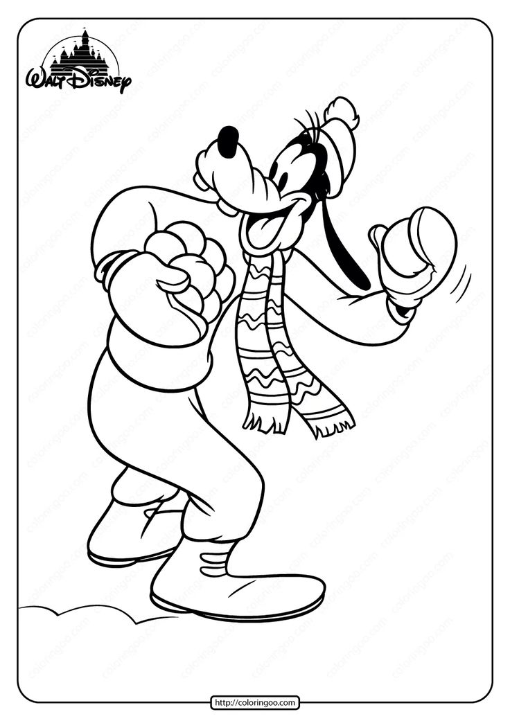 Printable goofy playing snowball pdf coloring page disney coloring pages coloring pages coloring books