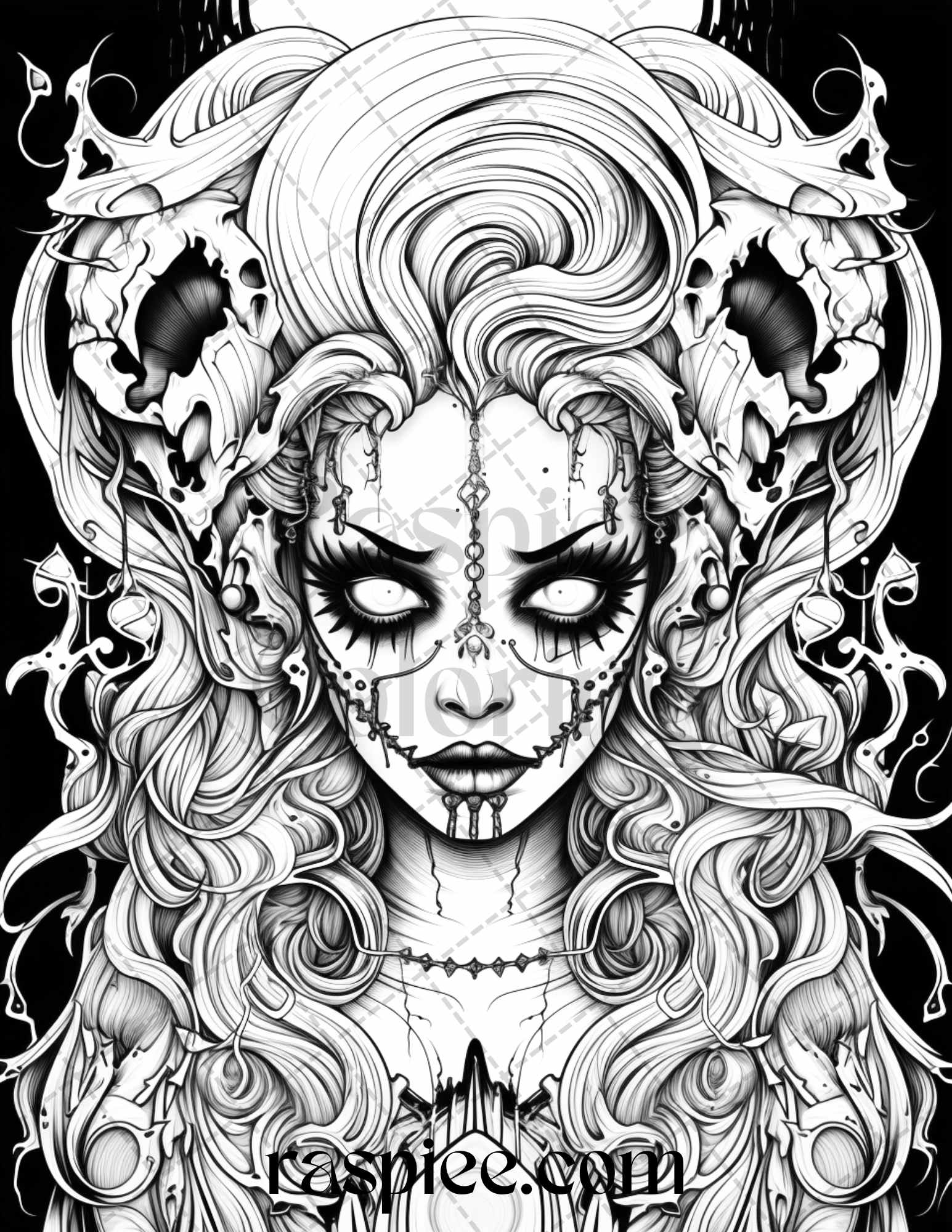 Spooky miss nightmare grayscale coloring pages printable for adults â coloring