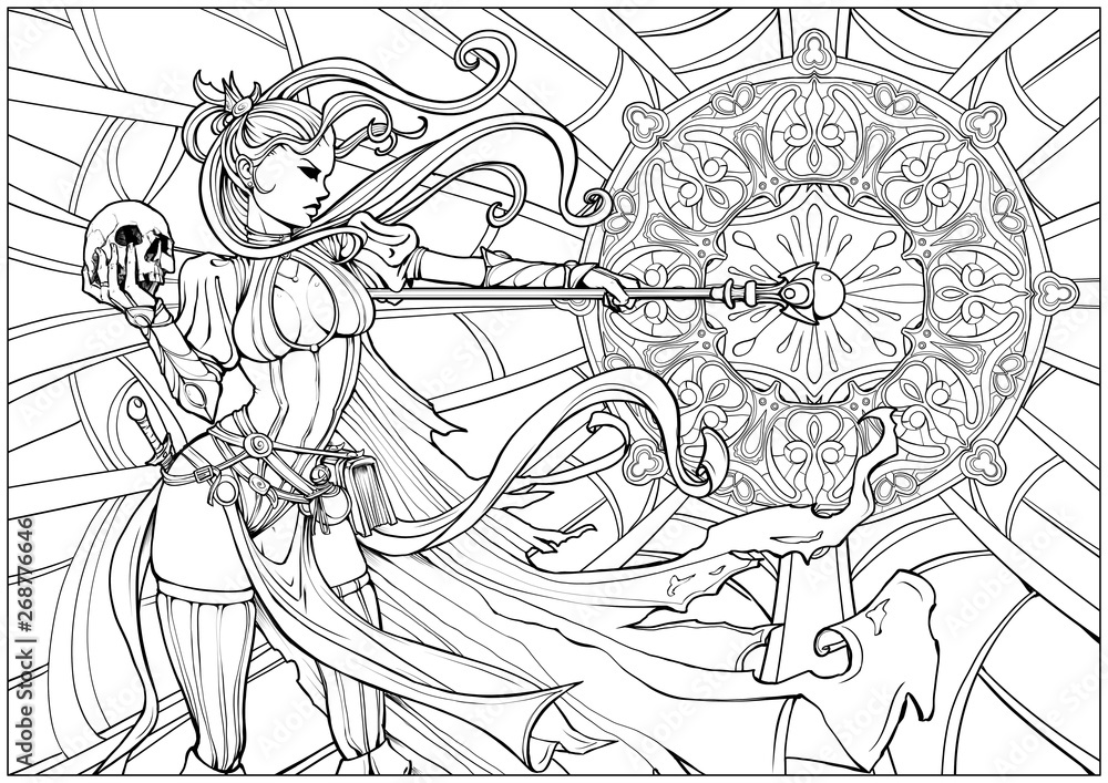 Coloring page for adults beautiful witch conjures a beautiful plex pattern in gothic style illustration