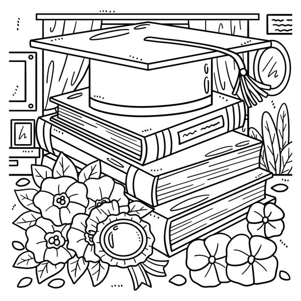 Graduation cap with books coloring page for kids stock illustration
