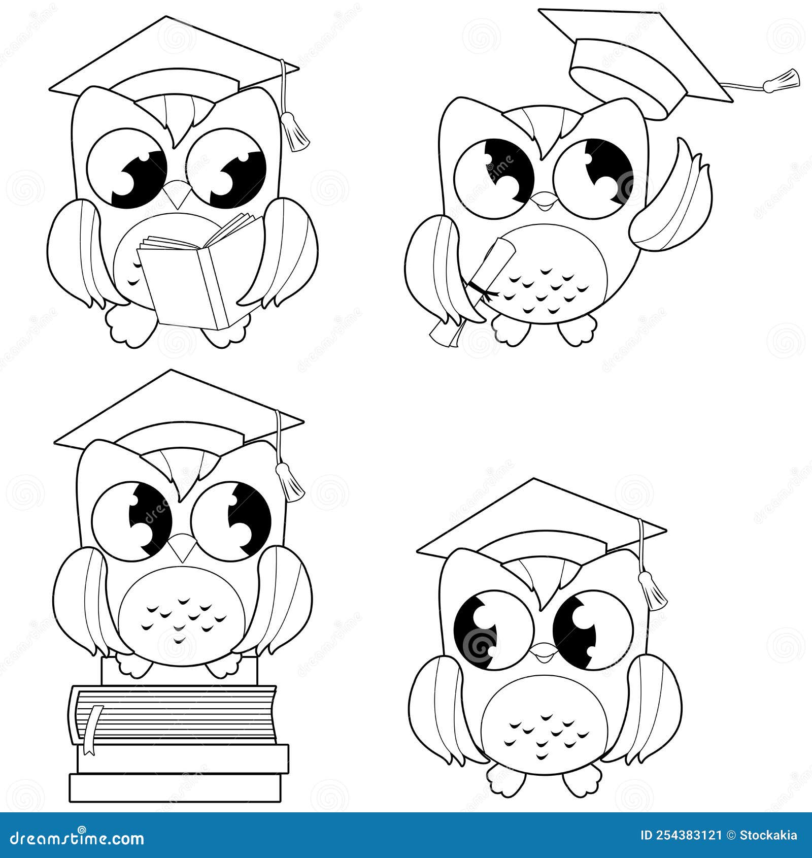 Owls with graduation hats vector black and white coloring page stock vector