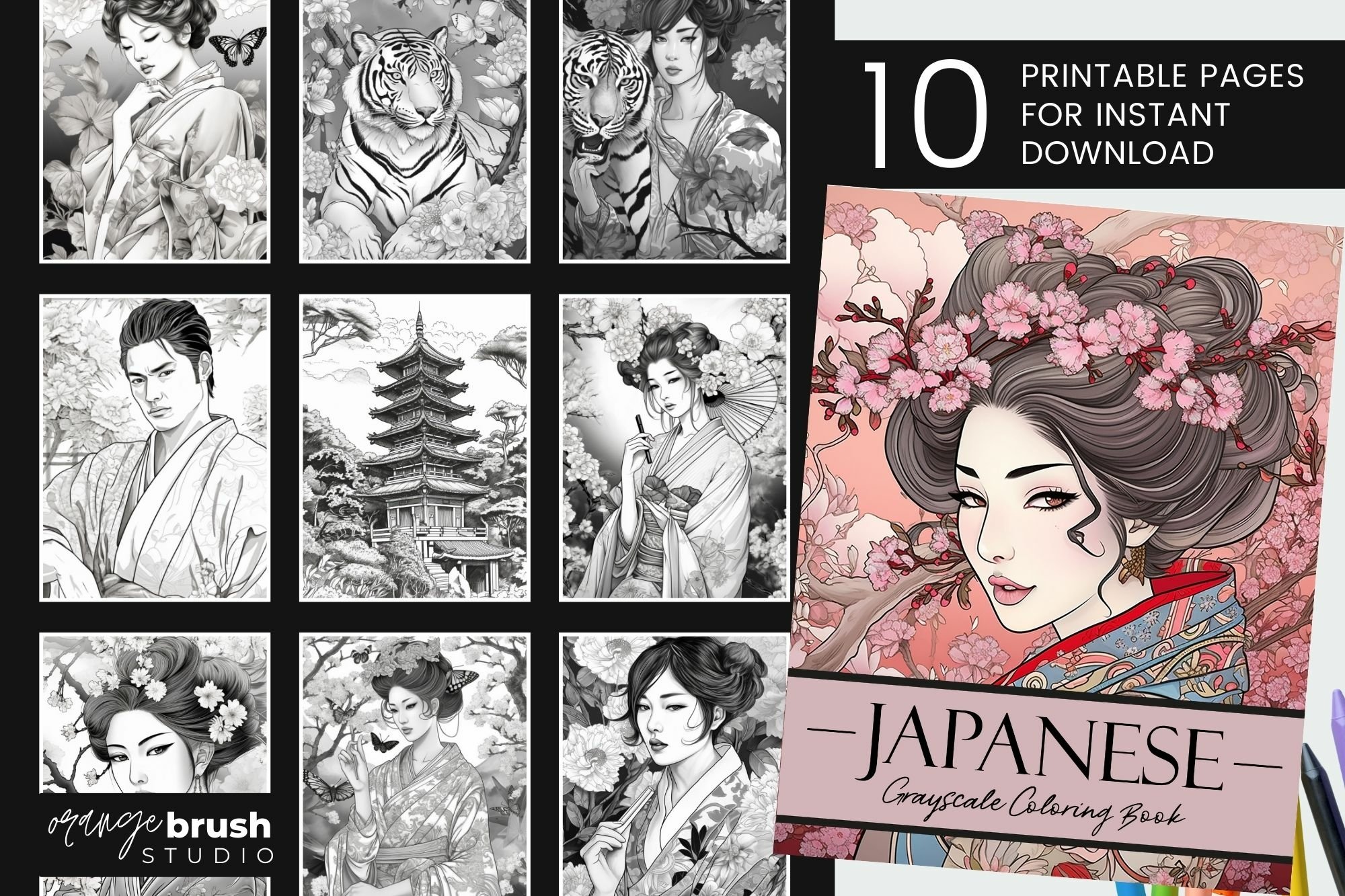 Japanese printable coloring book grayscale coloring pages