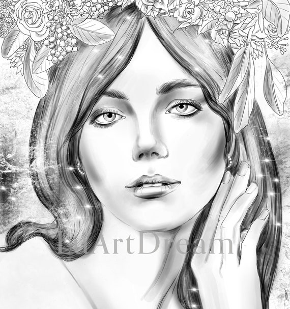 Enchantress grayscale coloring pages adult coloring page printable grayscale coloring page digital download pdf jpg instant download