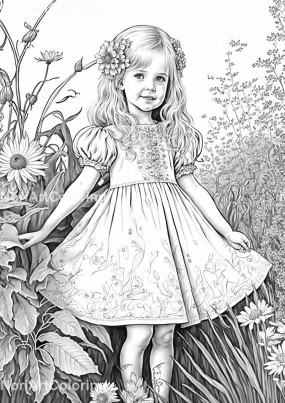 Grayscale beautiful girl in a field of flowers coloring page printable adult coloring pages download grayscale illustration spring