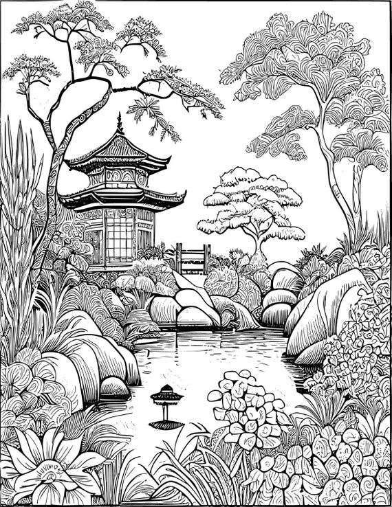 Book adult grayscale coloring pages japanese garden adult printable book digital download not a physical product