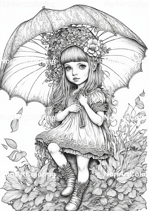 Grayscale beautiful girl with umbrella coloring page printable adult coloring pages download grayscale illustration printable pdf png