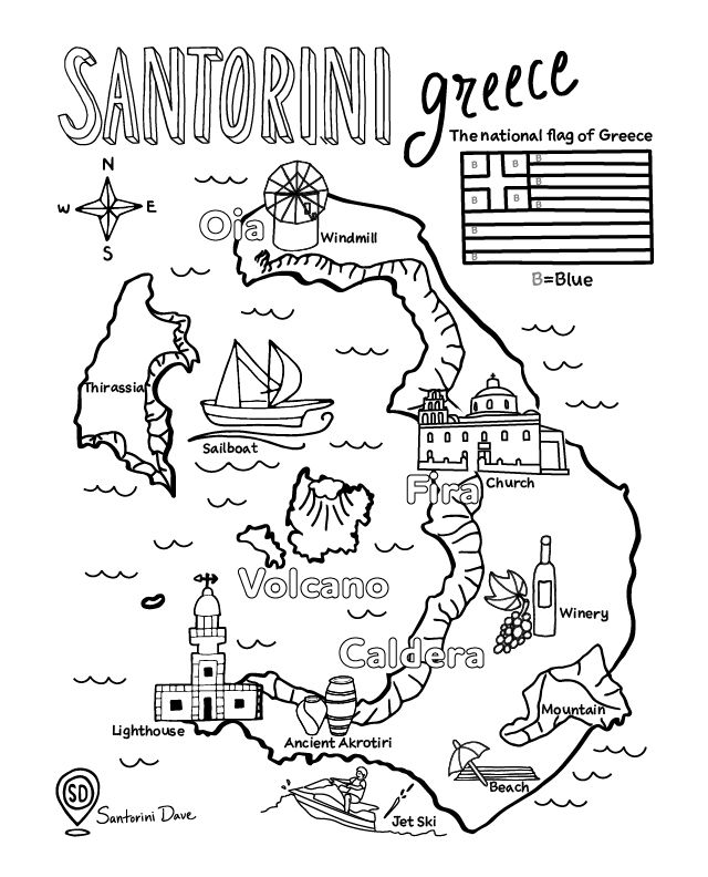 Santorini coloring maps and pages