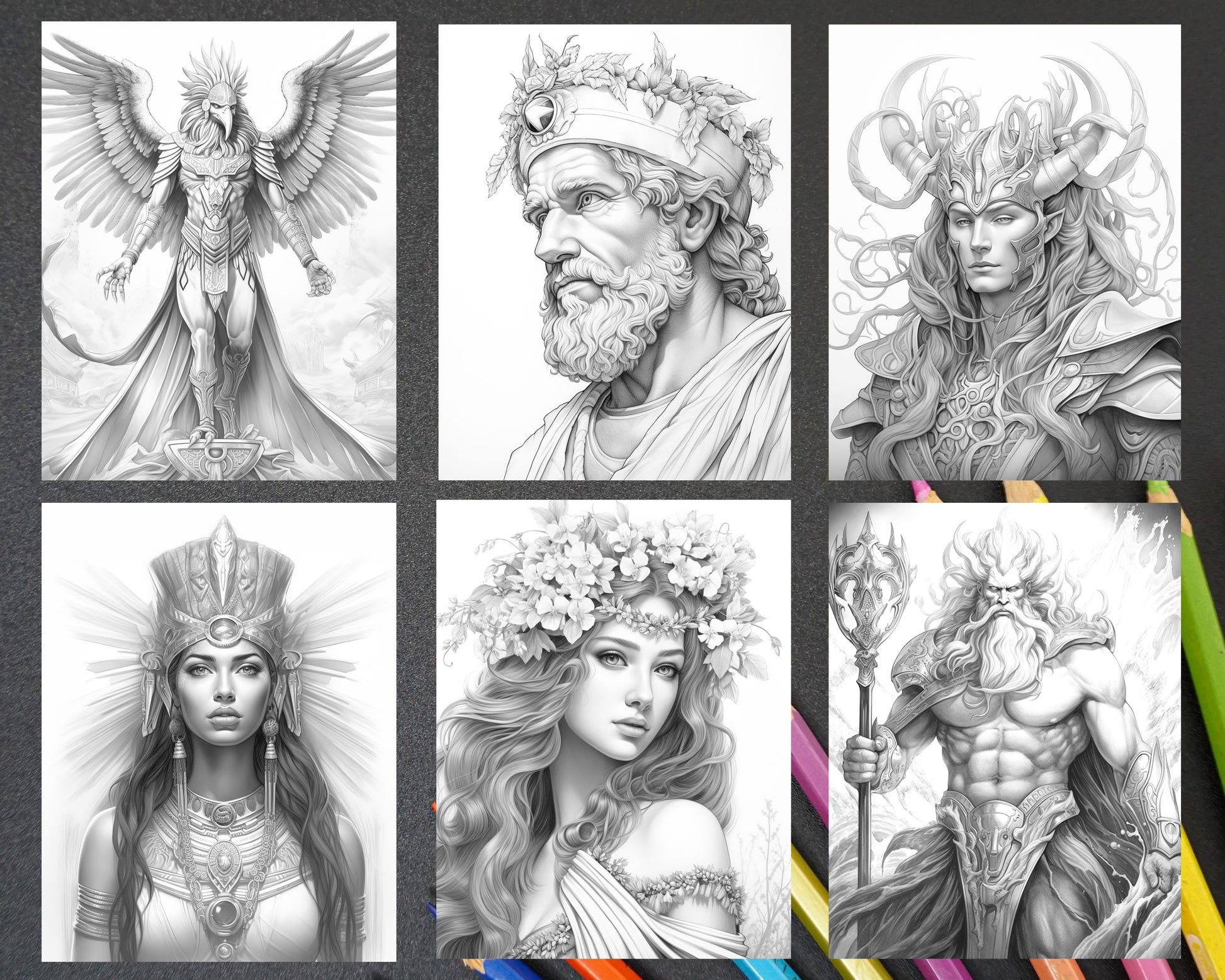 Mythology gods grayscale coloring pages for adults printable pdf i â coloring