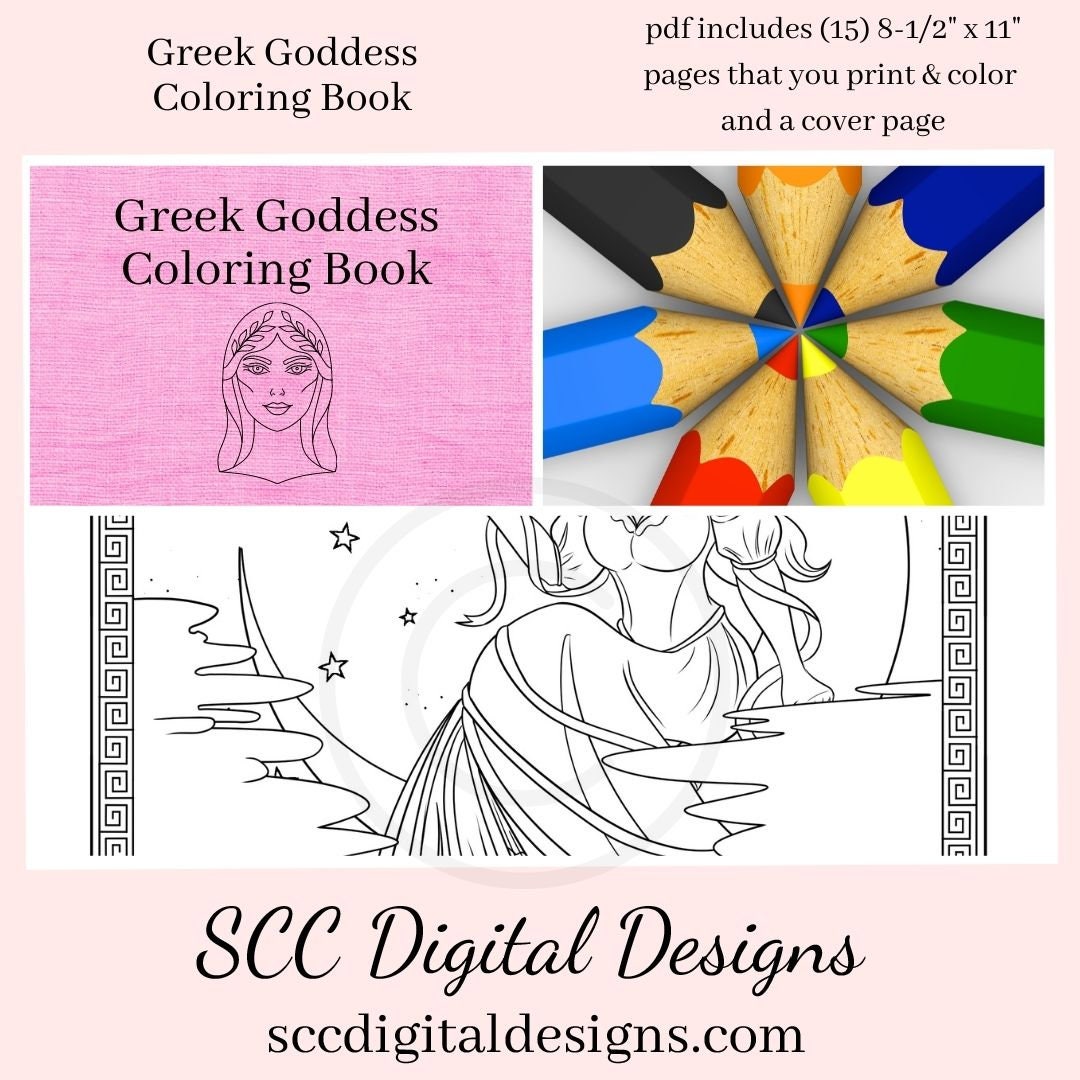 Greek goddess printable coloring book page pdf tyche selene nem â scc digital designs