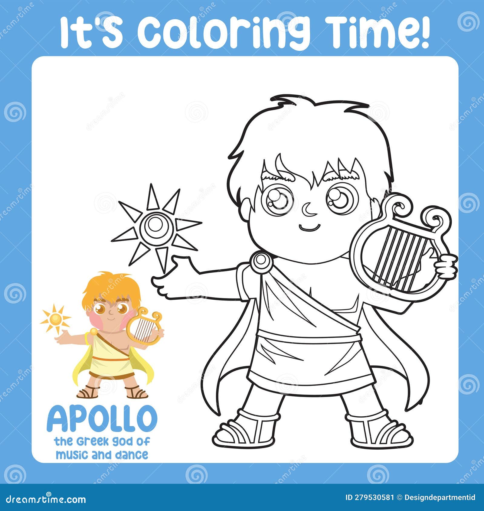 Its coloring time of the greek gods apollo god of music and dance ancient greece mythology stock vector