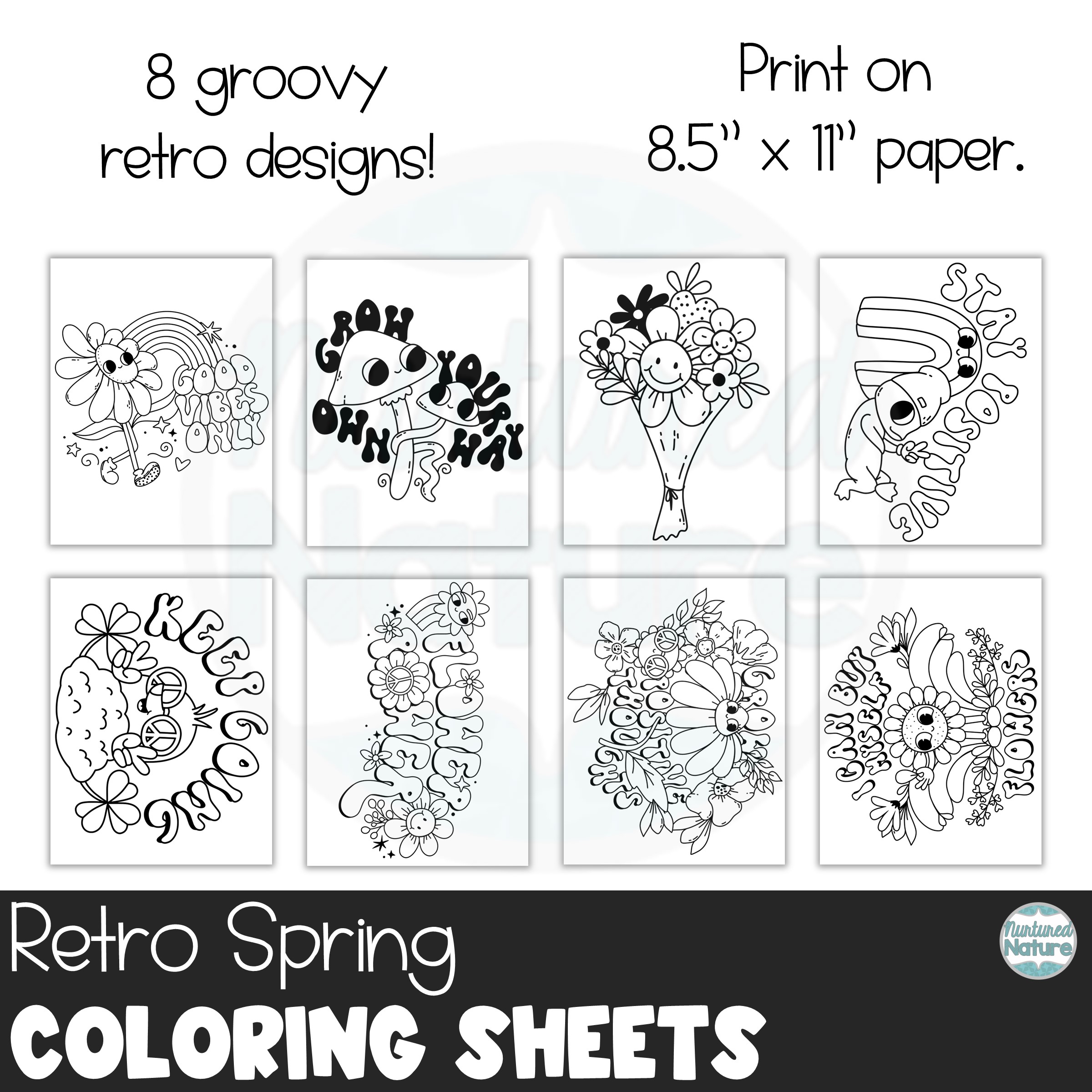 Groovy retro spring coloring pages made by teachers