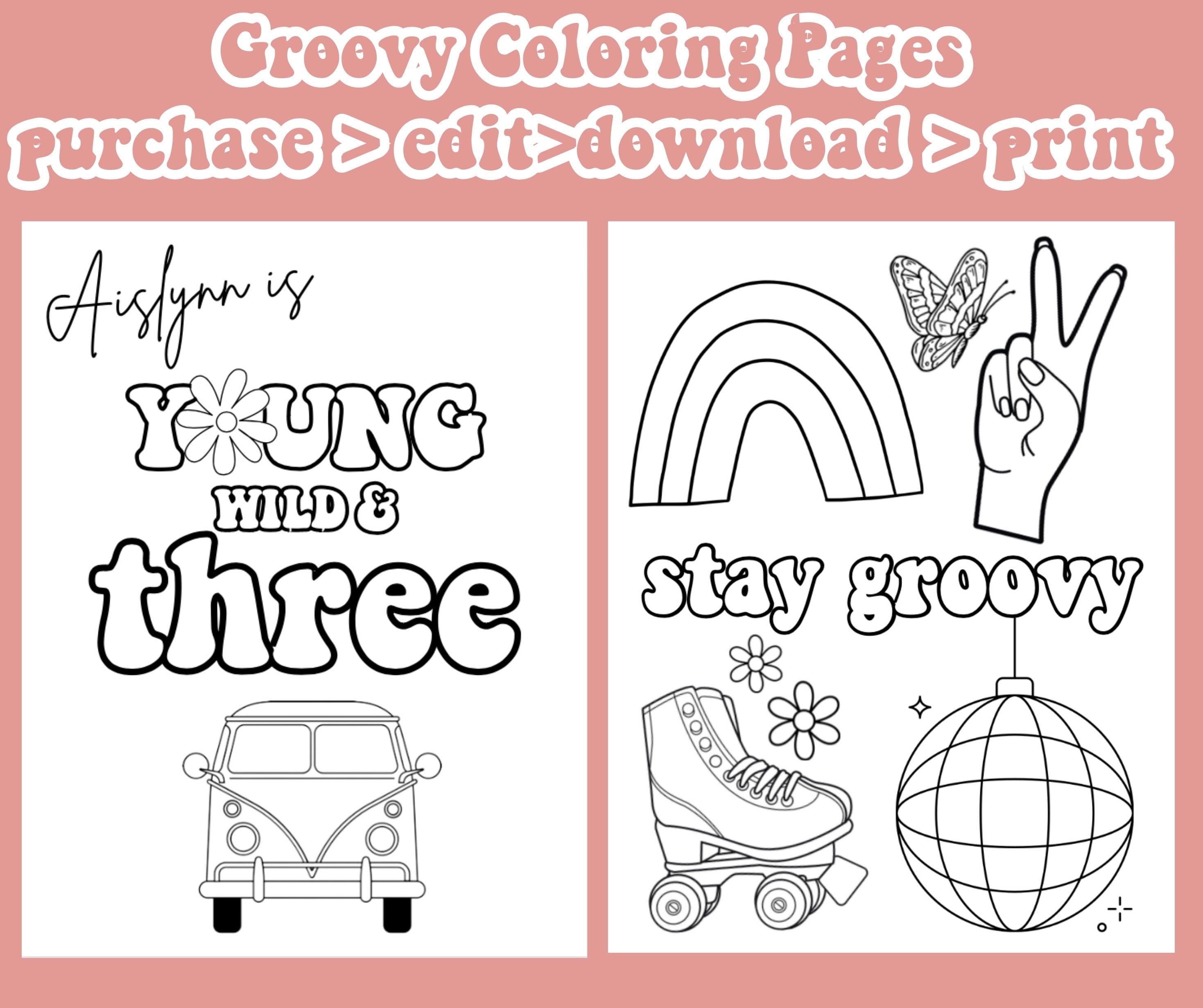 Customizable coloring pages young wild and three groovy coloring pages retro party favors instant download printable download