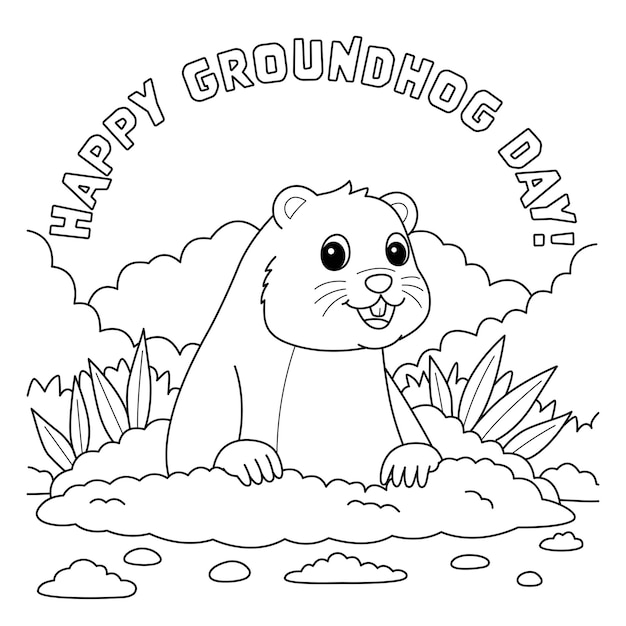 Premium vector happy groundhog day coloring page for kids