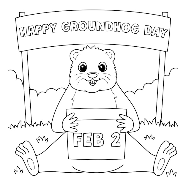 Premium vector groundhog holding calendar coloring page for kids