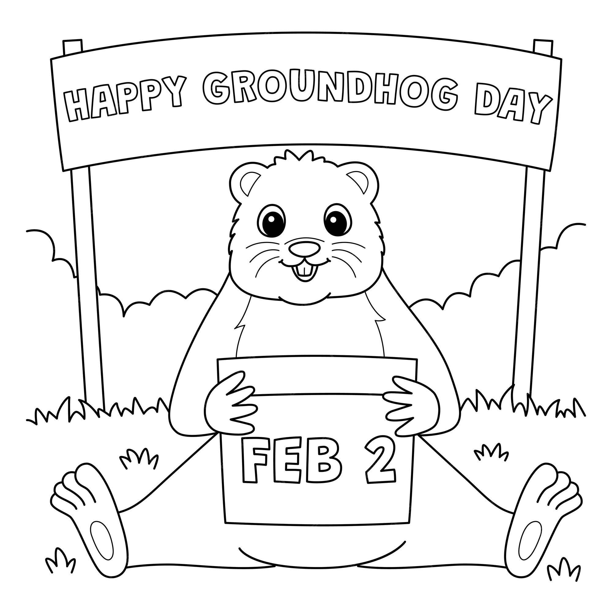 Premium vector groundhog holding calendar coloring page for kids