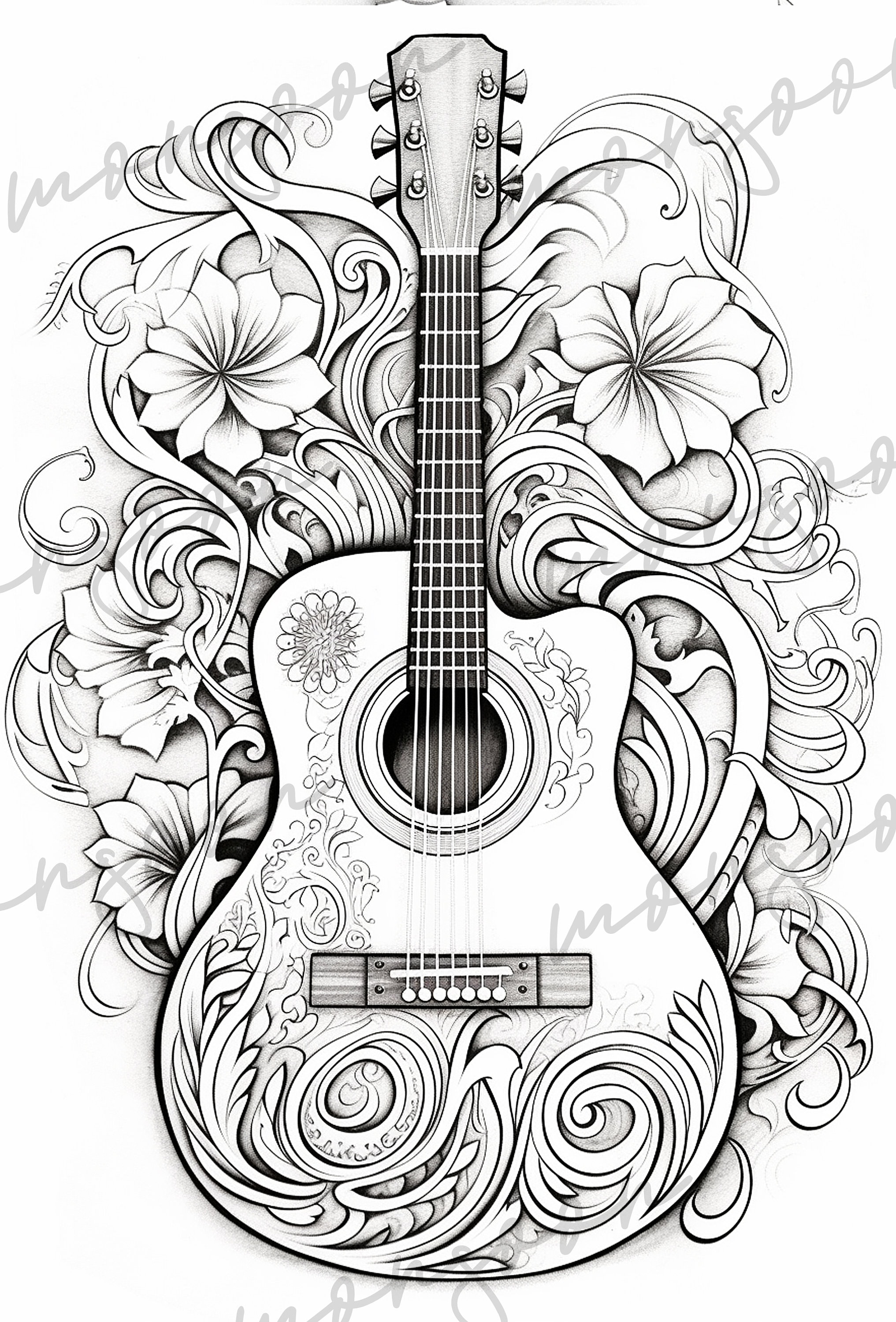 Ornamental guitars coloring book printable guitars coloring pages digital guitar printable grayscale coloring guitar coloring digital