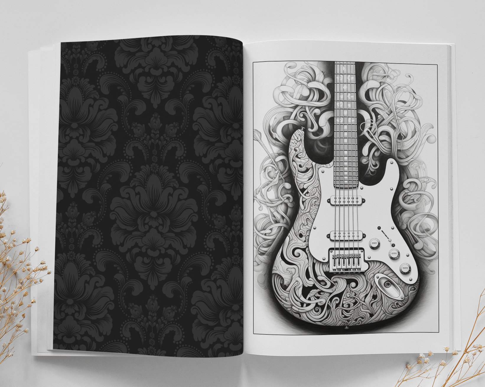 Ornamental guitars coloring book printable guitars coloring pages digital guitar printable grayscale coloring guitar coloring digital