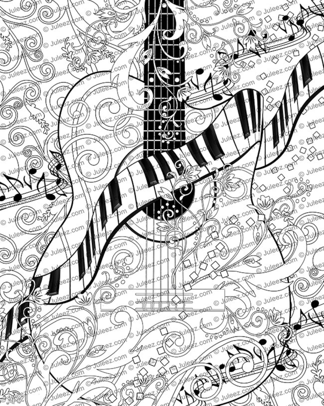 Coloring poster printable guitar coloring page piano coloring poster by juleez instant download