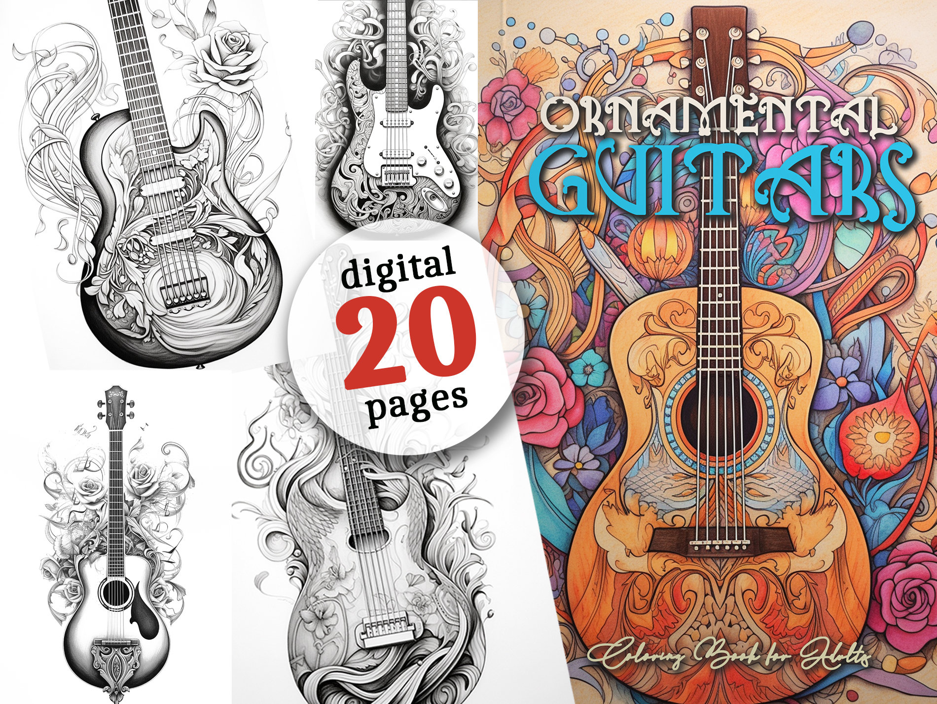 Ornamental guitars coloring book printable guitars coloring pages digital guitar printable grayscale coloring guitar coloring digital