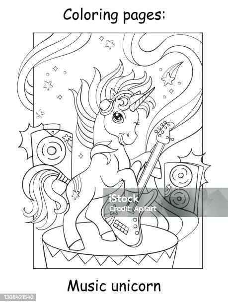 Unicorn playing electric guitar rock unicorn with guitar musical instrument disco style cartoon character coloring book template for children print doodle outline vector illustration stock illustration