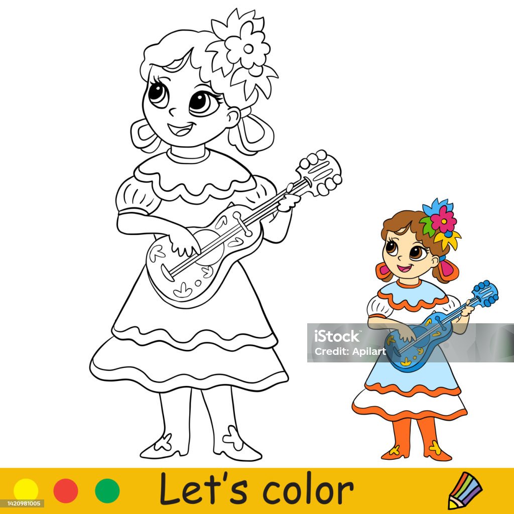 Halloween kids coloring with template mexican girl with guitar stock illustration